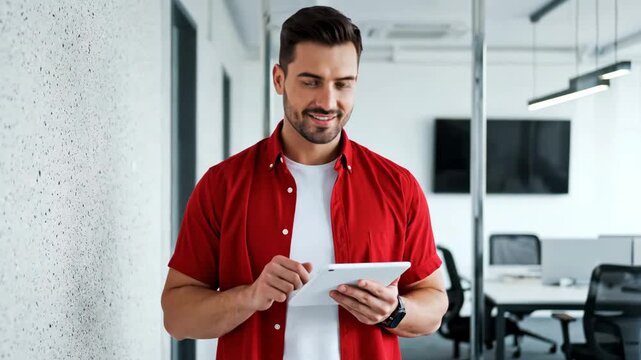 Smiling young man in red shirt using digital tablet in modern office.