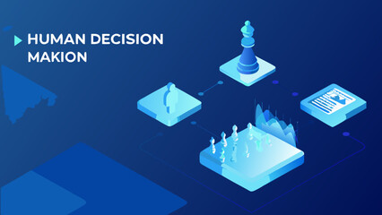 Isometric flowchart depicting ai decision support with human figure and chess pieces decision making © Prosit