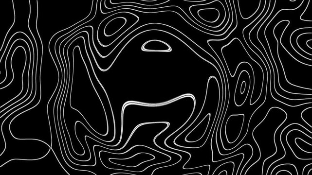 High-quality motion graphics featuring animated topographic map contour lines. The white, glowing organic lines move seamlessly across a black background, simulating terrain elevation changes.