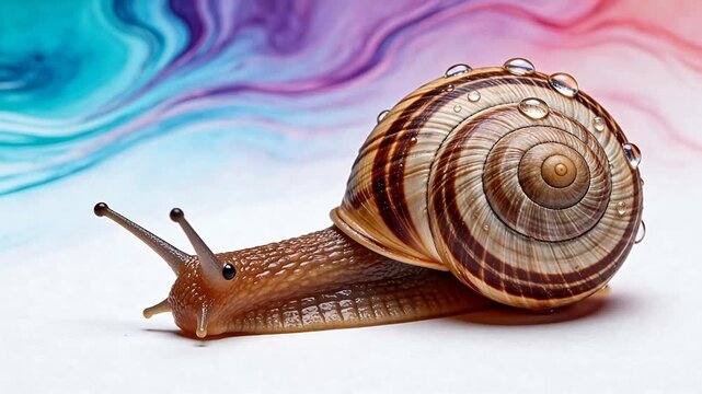 Snail with striped shell on colorful background