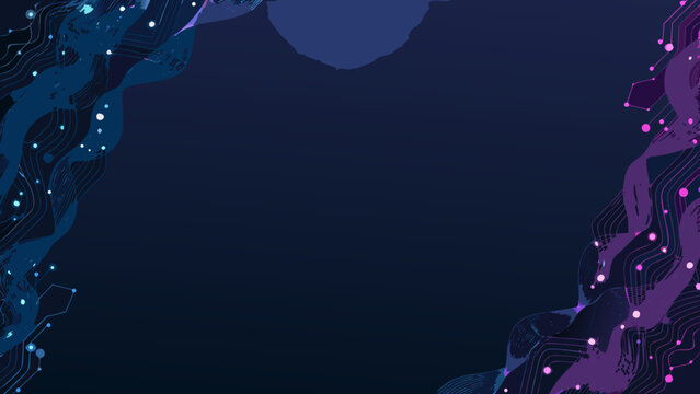 Flowing wave pattern with circuit board elements a dark blue and purple vector illustration