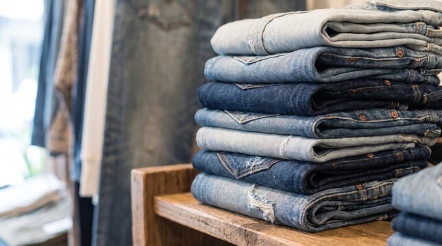 A close-up shot inside a wardrobe shelf, showing a neatly folded stack of denim jeans in varying washes from light gray-blue to dark indigo. To the right, a stack of folded beige.