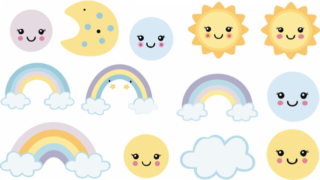 Smiling weather elements including suns moons rainbows and clouds in a colorful vector illustration
