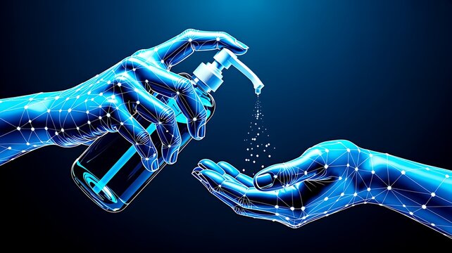 Digital hands using hand sanitizer representing hygiene protection health safety and infection prevention concept
