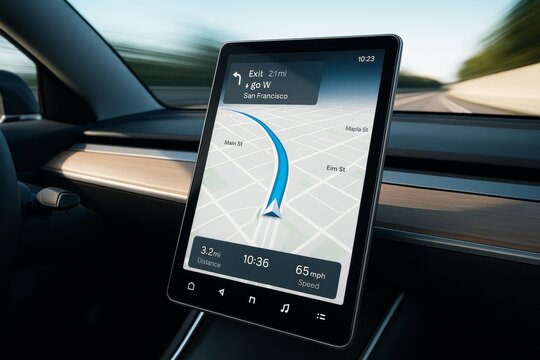 GPS navigation mockup on car dashboard touchscreen display showing driving directions on city map with clean interface and modern layout concept. Ai generative