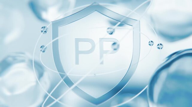Nicotinamide Vitamin PP blue shield symbol in 3D animation. Niacinamide cellular metabolism molecular structure background with transparent liquid cells for dermatology video