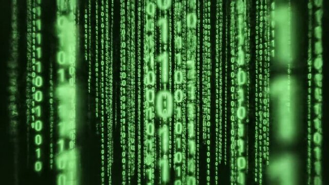 Green binary code flows down a dark digital screen vertically