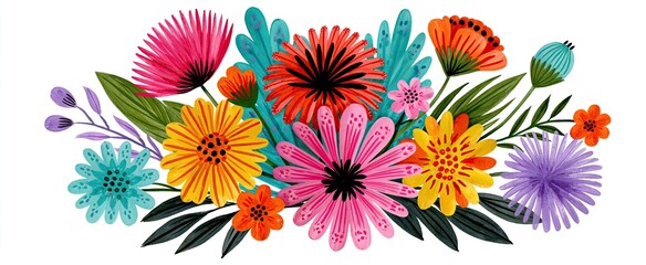 Fototapeta premium Colorful spring bouquet illustration featuring lively petals and leaves, ideal for seasonal greetings and promotions.