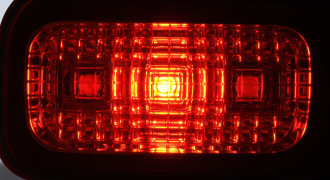 Close up view of a bright glowing red automotive led taillight lens creating a modern light pattern on white background. on white background