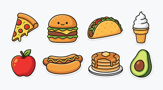 Cute cartoon food stickers pizza burger taco ice cream apple hot dog pancakes avocado