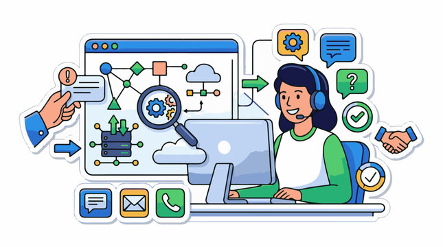 Customer service operator working on computer with icons and flowchart