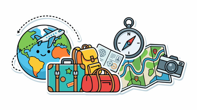 Cute globe with plane suitcases map compass passport and camera