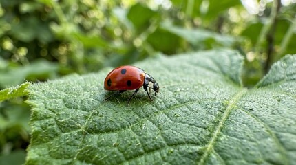 Fototapeta premium Close-up of a ladybug resting on a green leaf outdoors.