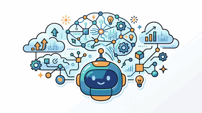 Cute robot brain with data clouds gears and lightbulbs