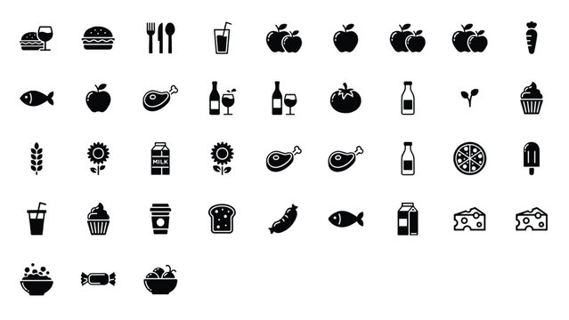 Collection of food and drink icons in black silhouette on white background