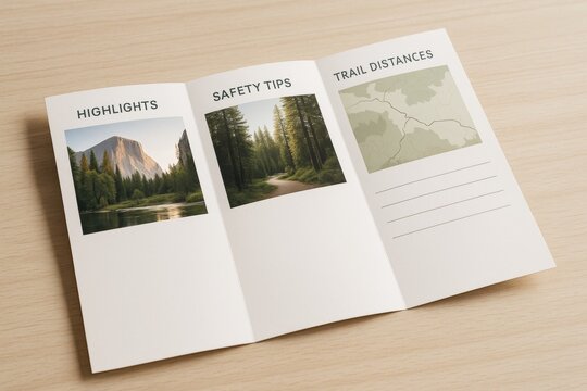 Travel brochure mockup with highlights, safety tips, and trail distances on light wooden background for outdoor adventure planning concept. Ai generative