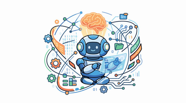 Cute robot interacting with digital brain and data streams