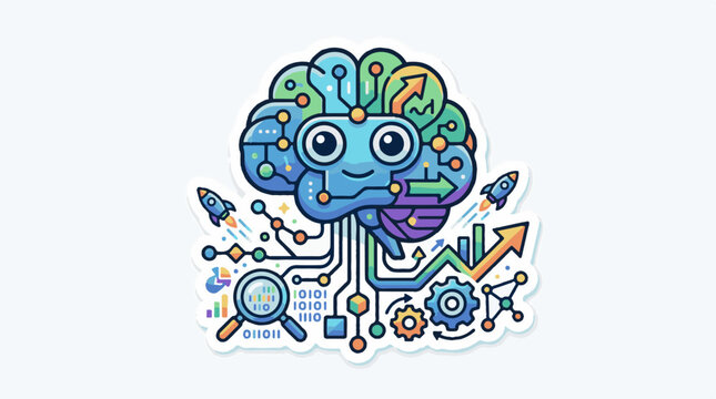 Cute cartoon brain with rockets charts gears and binary code