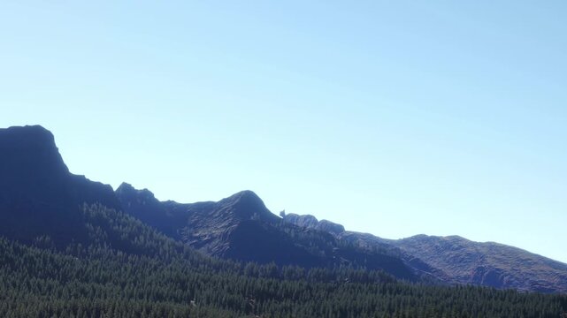 A vast mountain range is visible under a clear blue sky. A dense forest covers the ground below. This view shows the natural beauty of the landscape during daylight hours.