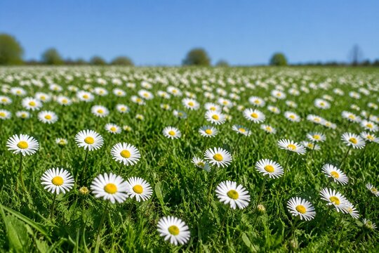 Dense field of green grass dotted with simple white daisies under a clear sky.