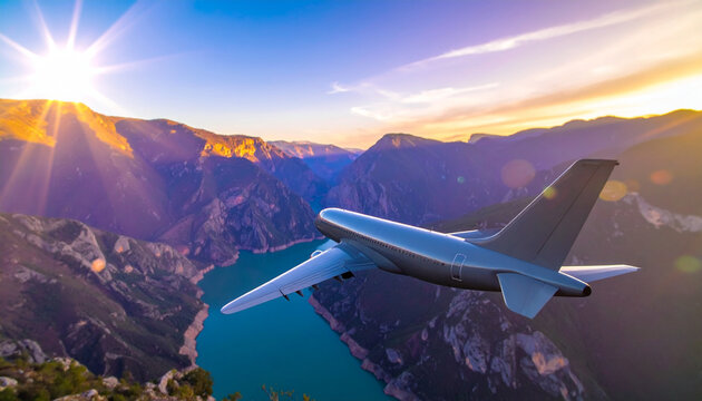 飛行機 旅客機 フライト 航空機 渓谷 山脈 湖 夕日 太陽光 レンズフレア 絶景 壮大 空撮 鳥瞰 旅 旅行 背景素材 プレースホルダー コントラスト 自由 爽快感