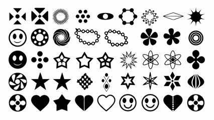 Fototapeta premium Collection Of Black Flat Icons Featuring Geometric Shapes Stars And Smiling Faces On White Background