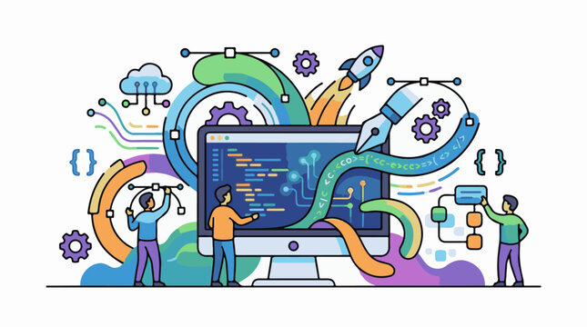 Creative team working on a computer coding project with rocket and cloud