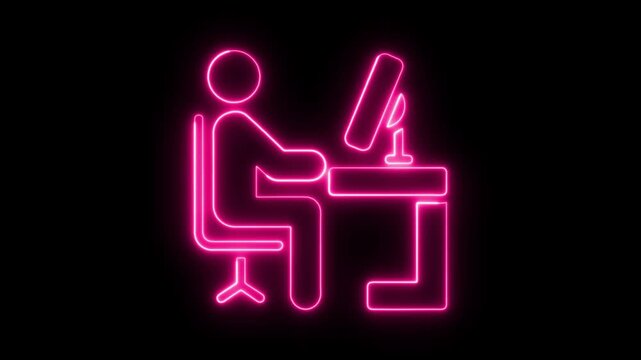 Glowing Neon Icon of a Person Working at a Computer Desk in Minimalist Style