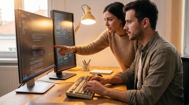 Software developers working together on coding at desk