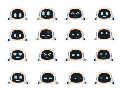 Cute AI robot emoji facial expressions vector set with mascot emotions for apps and websites