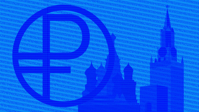 Digital ruble symbol. Kremlin building and cathedral. Russian Federation. Moscow economy and finances. Vector business poster. Russia and money. Crypto technology