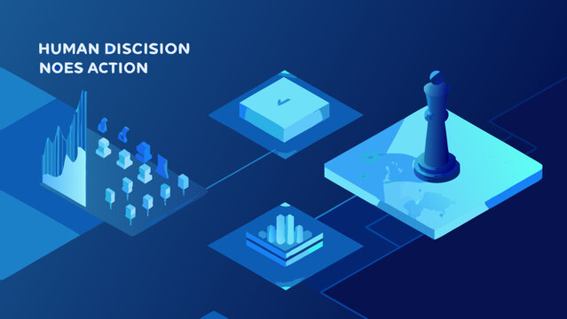 Isometric flowchart with blue geometric shapes a chess piece and a checkmark symbol