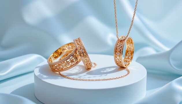 Luxury gold bangles and elegant chain necklace arranged on white minimalist podium