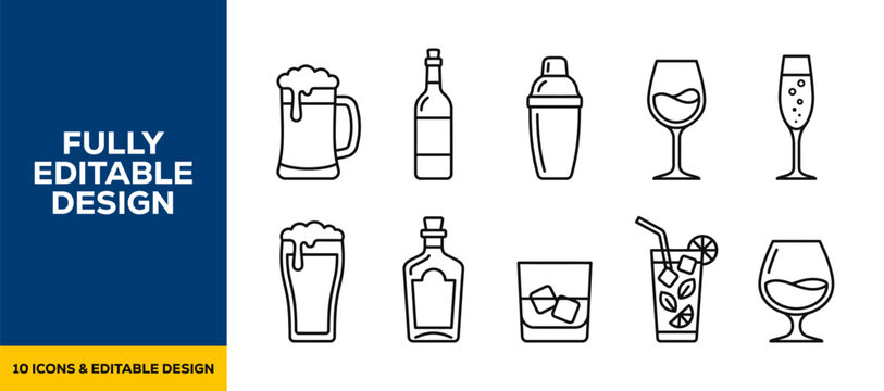 Black ink scribble hand drawn alcohol and beverage icons vector set featuring beer mugs wine glasses and champagne for restaurant bar menu and celebration party branding art