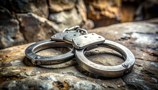 Tarnished Silver Handcuffs Resting on Textured Rocks, Symbolizing Law and Justice