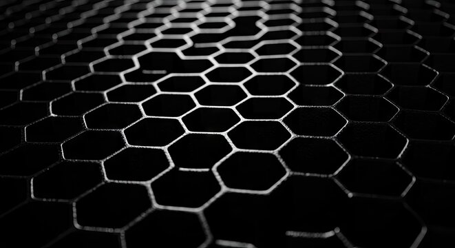 Monochromatic close up depicts a repeating pattern of hexagonal shapes receding into darkness.