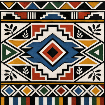 Ndebele Inspired Geometric Decorative Mural with Bold Architectural Patterns