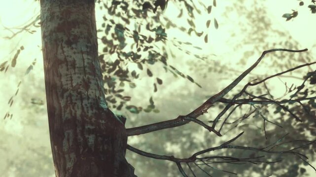 Light shines through the leaves of trees in a thick forest. Branches reach out, and the scene shows a quiet moment at dawn. Nature fills the air with life.