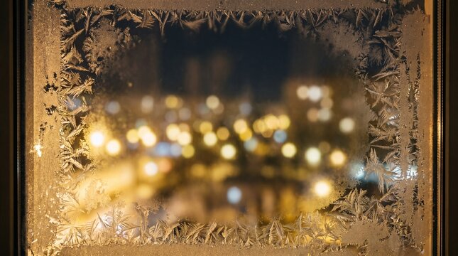 Happy New Year 2027 celebration background. Frosty window view with blurred city lights bokeh.