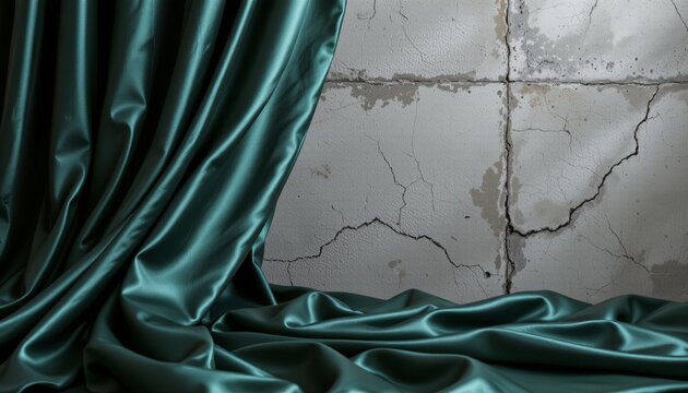 Luxury abstract scene with emerald silk drape viewed from dramatic top-down perspective