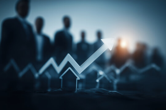 A glowing jagged line chart rises above a silhouette of a house with blurred business professionals standing behind.