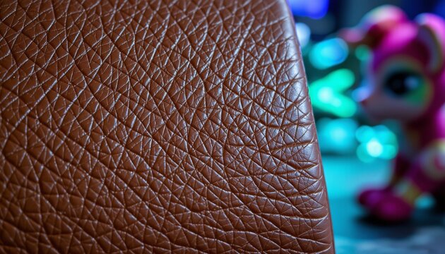 Close-up of rich brown leather surface with detailed grain and subtle sheen