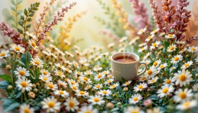 High-angle view of a tranquil herbal tea scene with a wellness enthusiast and glowing chamomile flowers