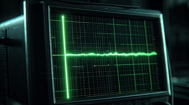 Retro Oscilloscope Screen Displaying A Green Signal Wave And Grid Lines In A Laboratory Setting