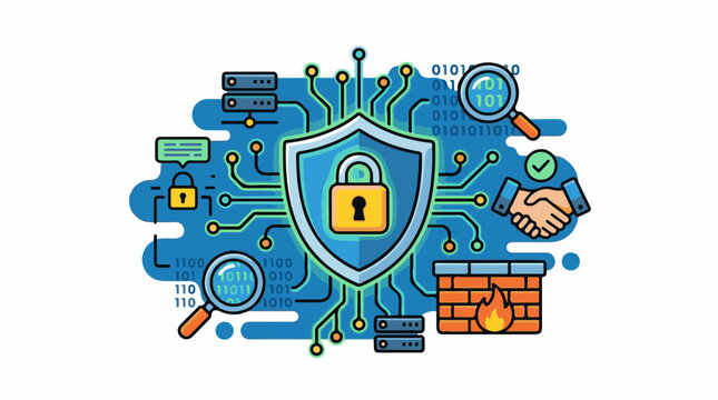Cyber security icons including shield padlock binary code and handshake