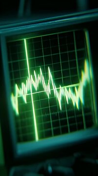 Macro Shot Of A Green Oscilloscope Screen With An Active Vertical Line And Fluctuating Audio Waveform