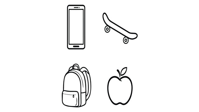 line drawing of a mobile phone a skateboard a backpack and an apple