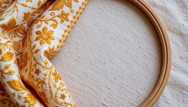 Close-up of traditional Ukrainian embroidery frame cradling linen fabric with vibrant floral and geometric patterns