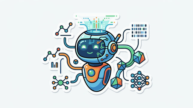 Cute robot with data visualizations and neural network