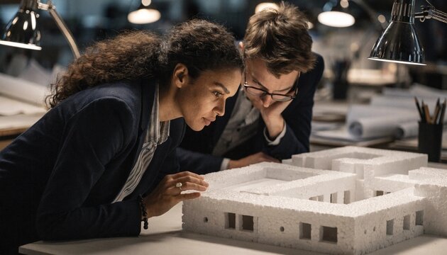 Two architects lean over a white scale model in a studio, collaborating on a building concept for use in architecture, real estate, or development presentations.